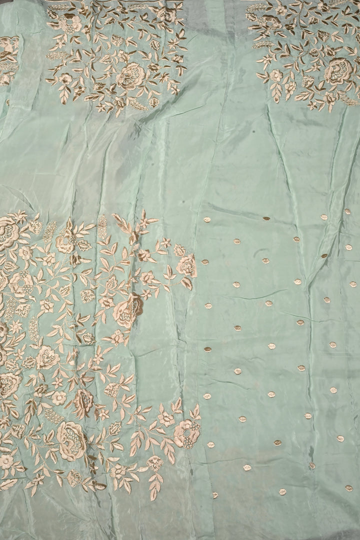 Frost Mint Machine Embroidered in Chinnon Saree with Floral Scallop Border | SHOBITAM