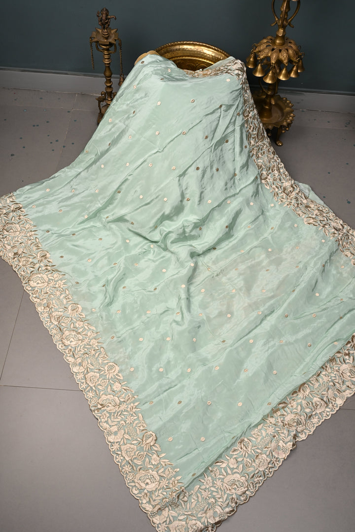Frost Mint Machine Embroidered in Chinnon Saree with Floral Scallop Border | SHOBITAM