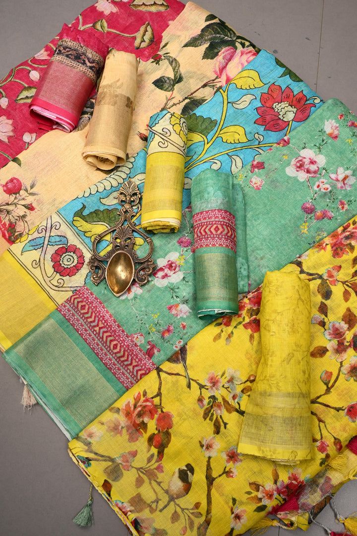 Discounted Bundle of 5 Linen By Linen Assorted Sarees with Digital Print for Gift Giving