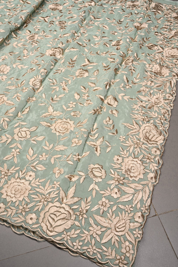 Sage Green Chinon Saree with All Over Floral Jaal Machine Embroidery and Scallop Border | SHOBITAM