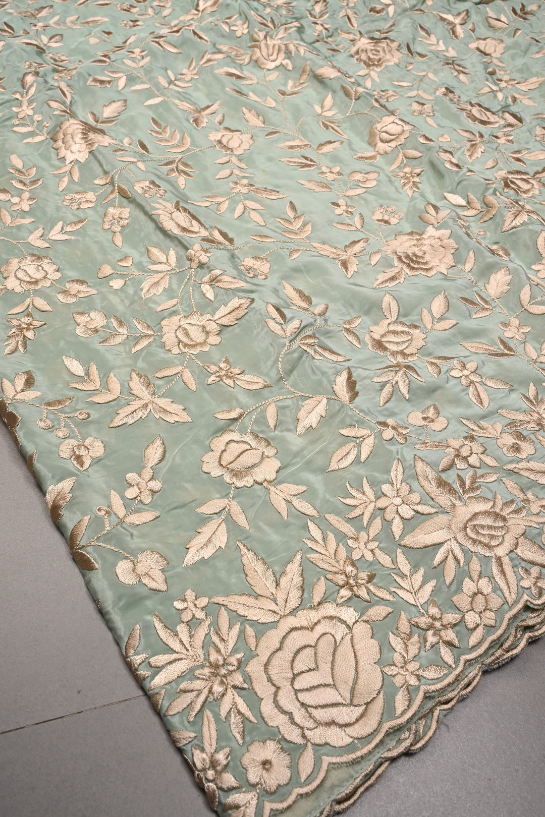 Sage Green Chinon Saree with All Over Floral Jaal Machine Embroidery and Scallop Border | SHOBITAM