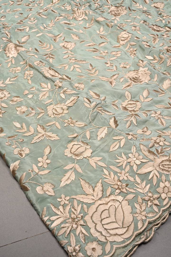 Sage Green Chinon Saree with All Over Floral Jaal Machine Embroidery and Scallop Border | SHOBITAM