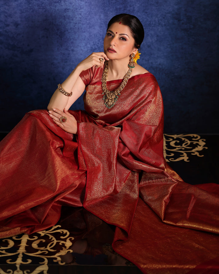 Pre Order Brick Red Gadwal Silk Saree with Podi-Kattam Zari Checks and Wide Zari Border | SILK MARK CERTIFIED