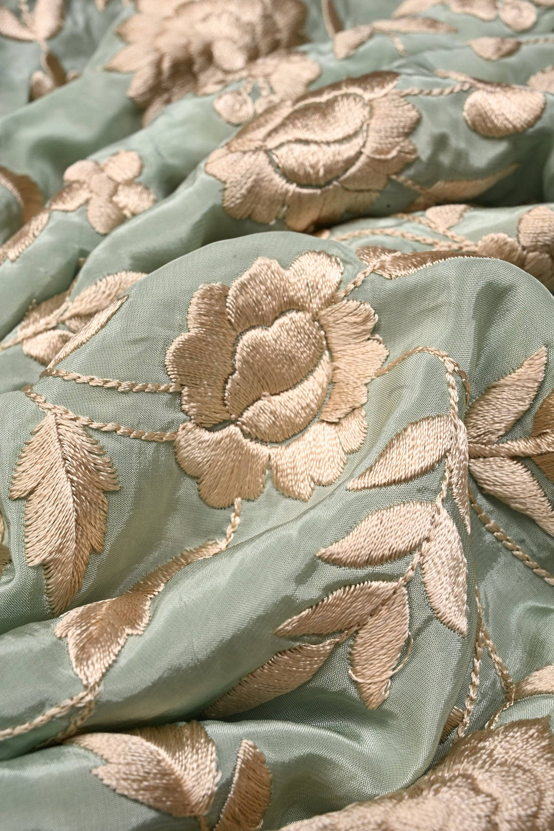 Sage Green Chinon Saree with All Over Floral Jaal Machine Embroidery and Scallop Border | SHOBITAM