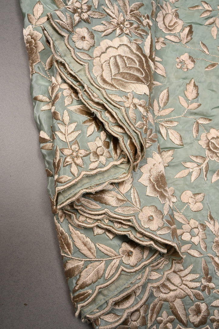 Sage Green Chinon Saree with All Over Floral Jaal Machine Embroidery and Scallop Border | SHOBITAM