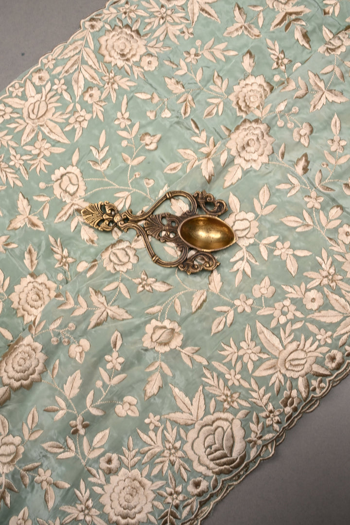 Sage Green Chinon Saree with All Over Floral Jaal Machine Embroidery and Scallop Border | SHOBITAM