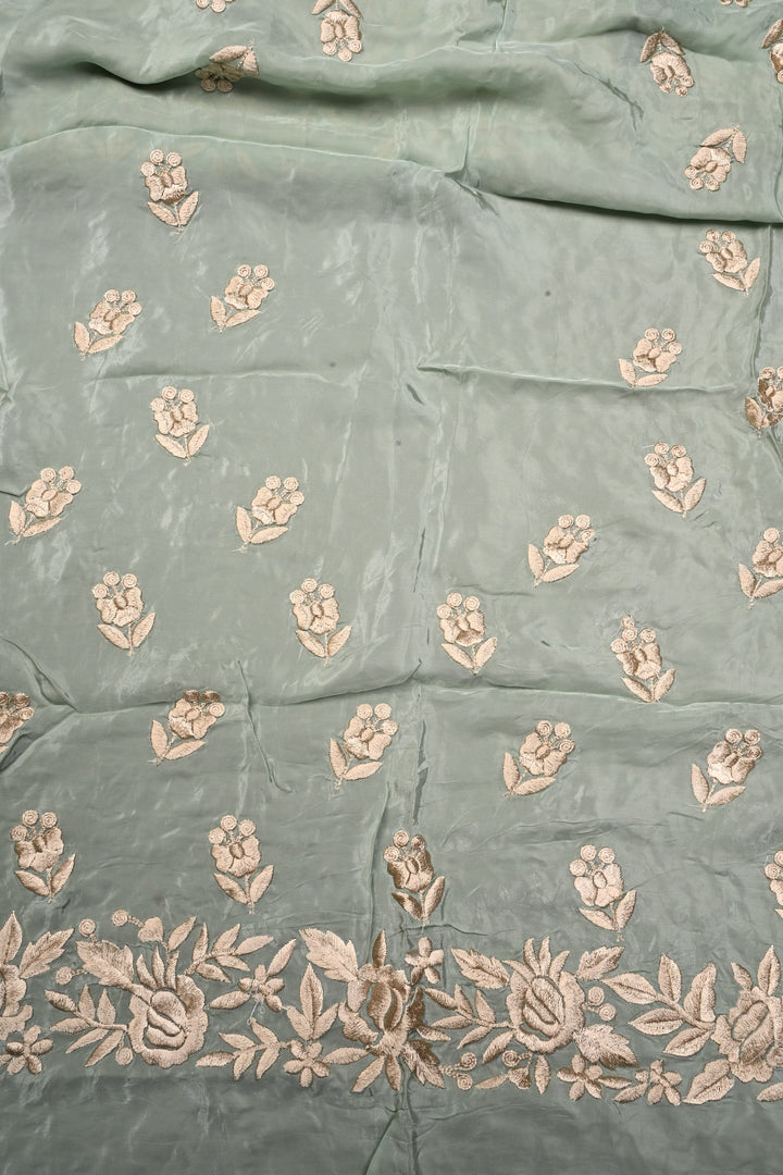 Sage Green Chinon Saree with All Over Floral Jaal Machine Embroidery and Scallop Border | SHOBITAM