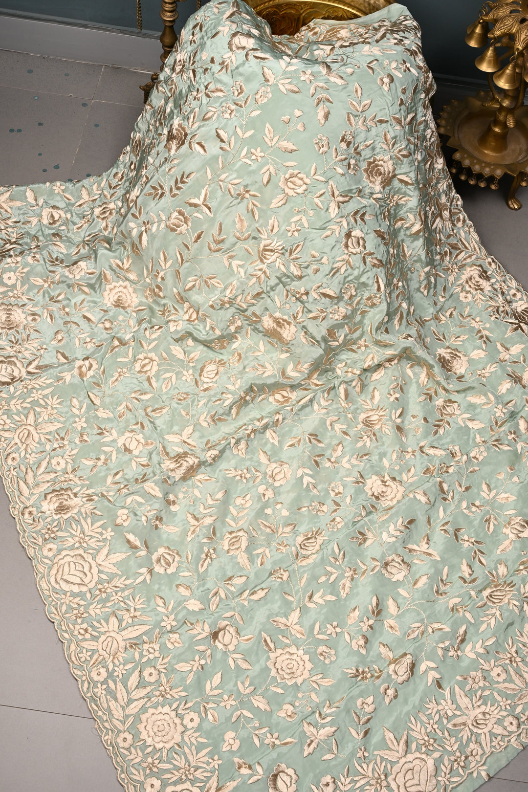 Sage Green Chinon Saree with All Over Floral Jaal Machine Embroidery and Scallop Border | SHOBITAM