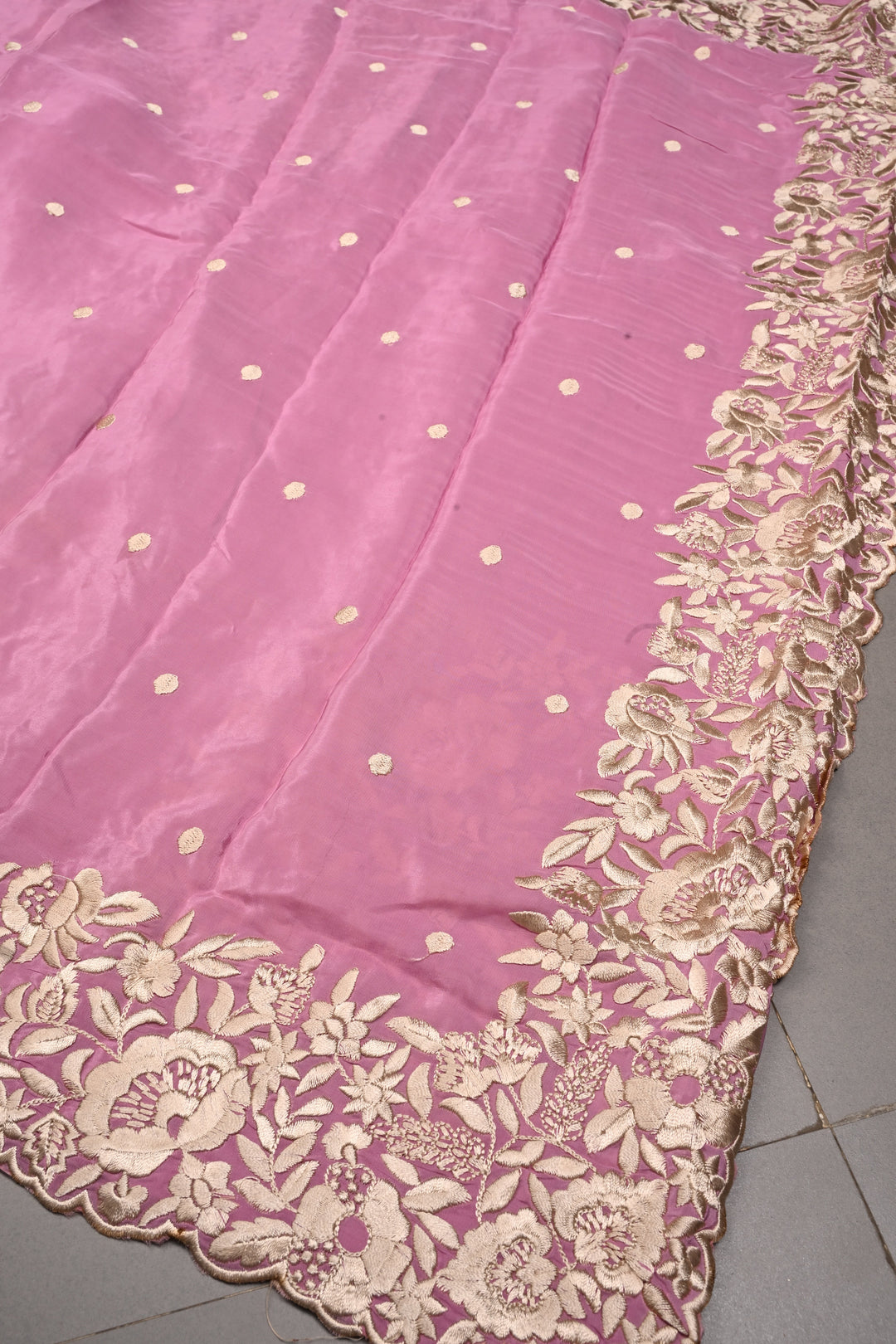 Onion Pink Machine Embroidered in Chinnon Saree with Floral Scallop Border | SHOBITAM