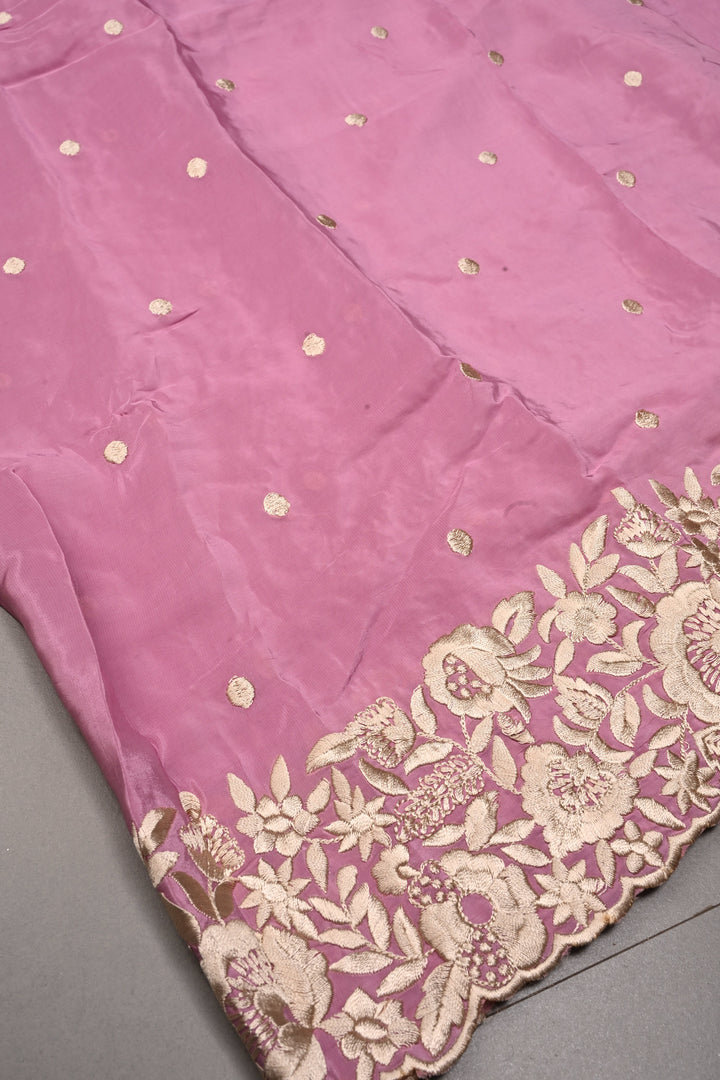 Onion Pink Machine Embroidered in Chinnon Saree with Floral Scallop Border | SHOBITAM