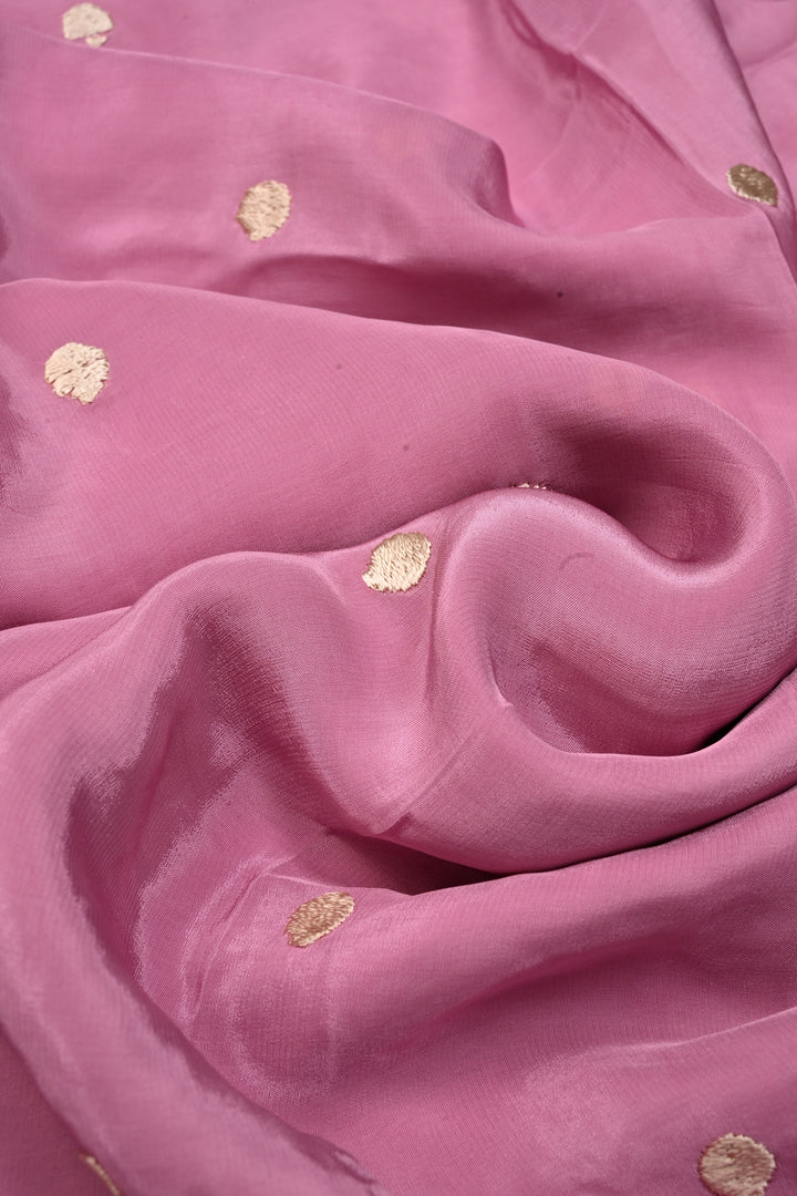 Onion Pink Machine Embroidered in Chinnon Saree with Floral Scallop Border | SHOBITAM