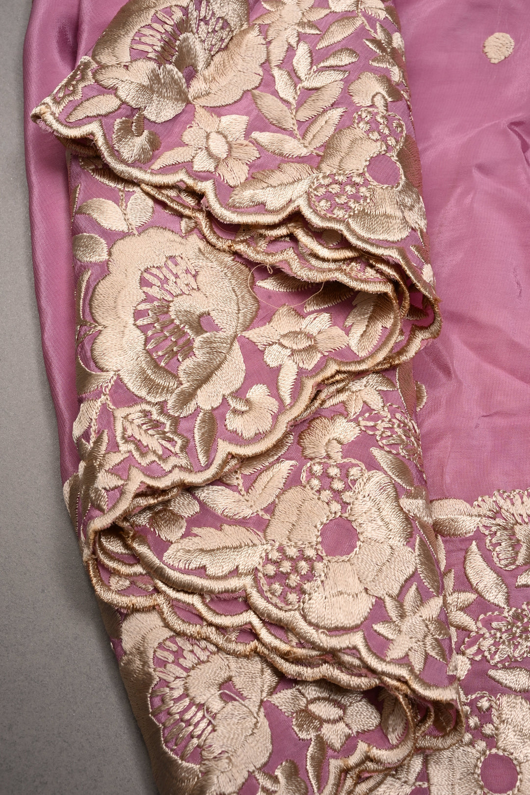 Onion Pink Machine Embroidered in Chinnon Saree with Floral Scallop Border | SHOBITAM