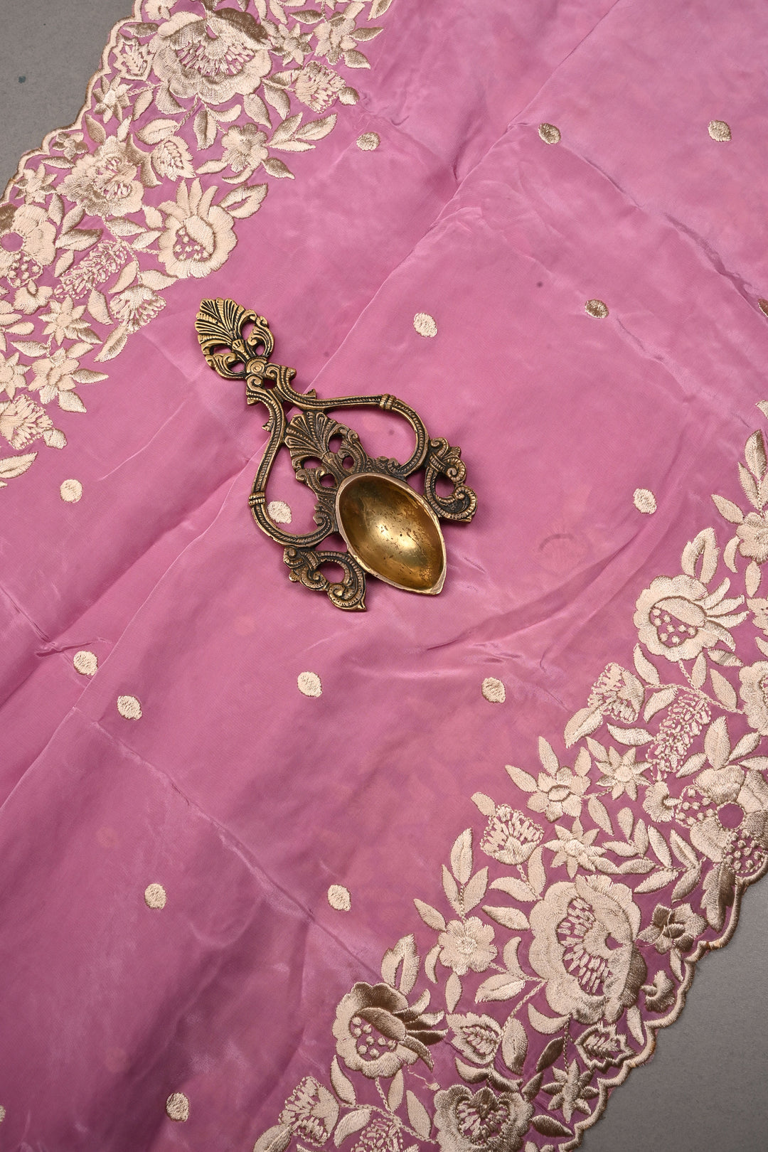 Onion Pink Machine Embroidered in Chinnon Saree with Floral Scallop Border | SHOBITAM