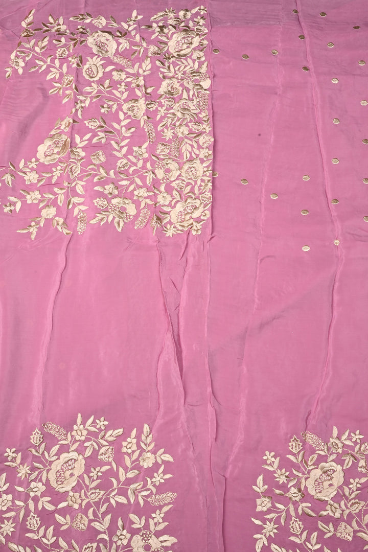 Onion Pink Machine Embroidered in Chinnon Saree with Floral Scallop Border | SHOBITAM