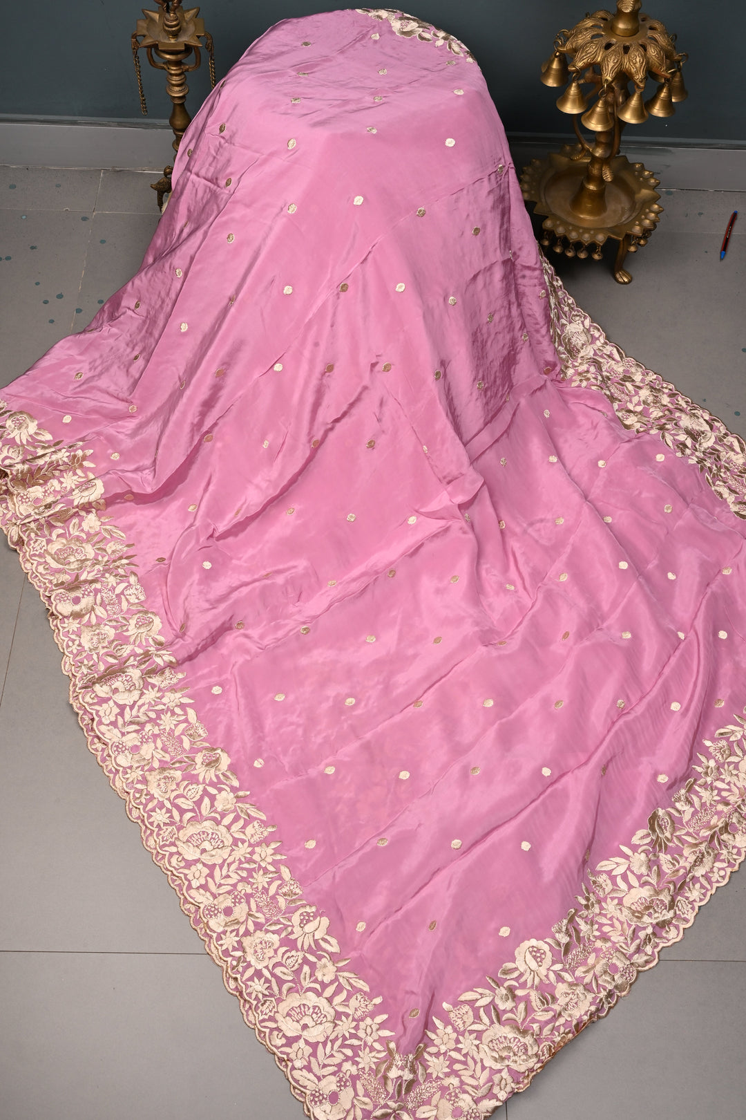 Onion Pink Machine Embroidered in Chinnon Saree with Floral Scallop Border | SHOBITAM
