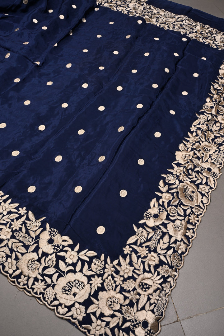 Navy Blue Machine Embroidered in Chinnon Saree with Floral Scallop Border | SHOBITAM
