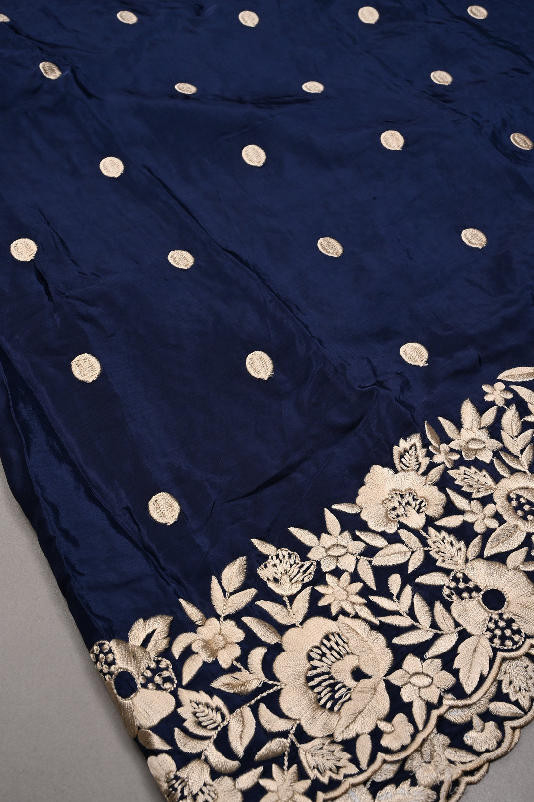 Navy Blue Machine Embroidered in Chinnon Saree with Floral Scallop Border | SHOBITAM