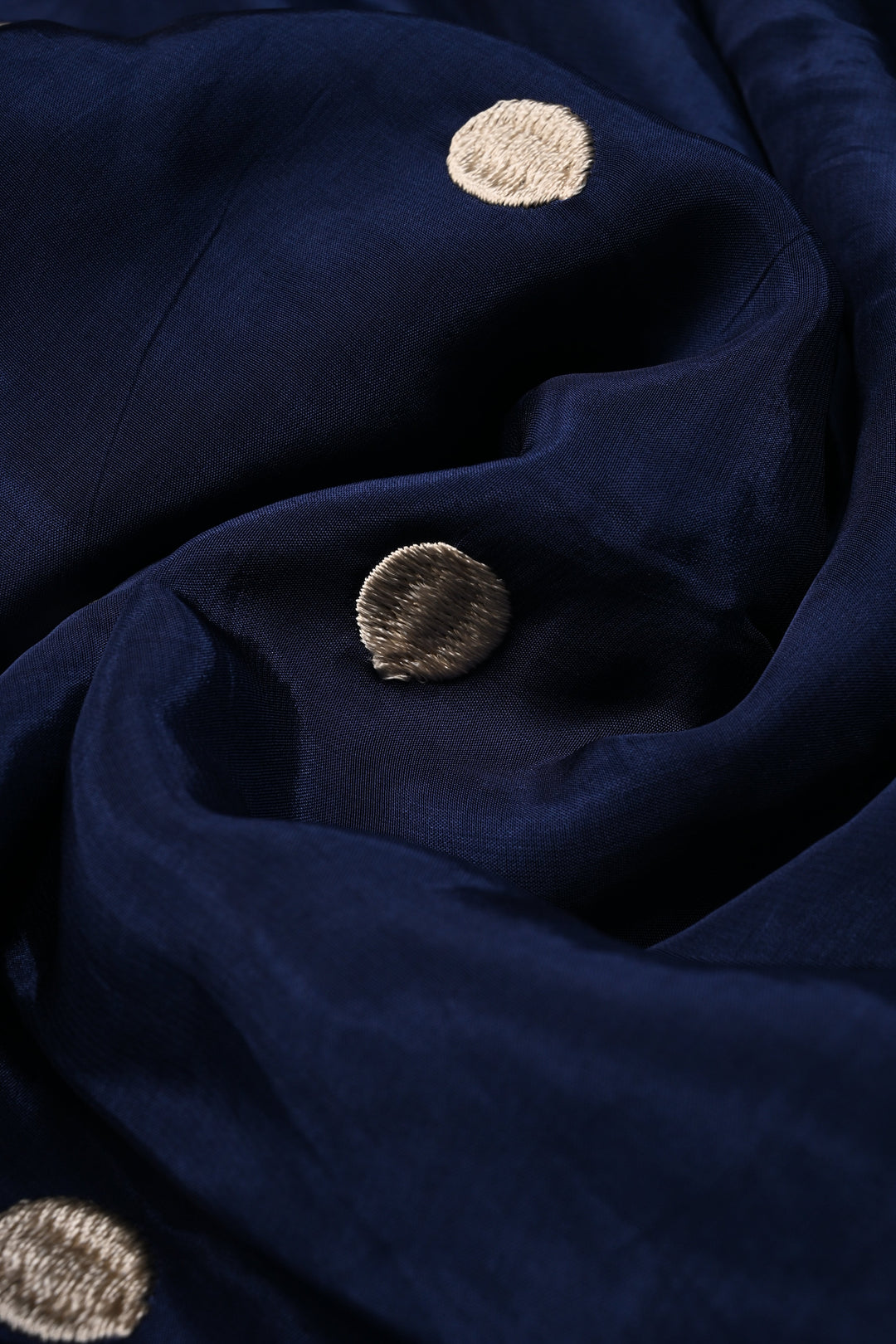 Navy Blue Machine Embroidered in Chinnon Saree with Floral Scallop Border | SHOBITAM
