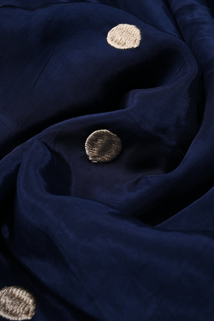 Navy Blue Machine Embroidered in Chinnon Saree with Floral Scallop Border | SHOBITAM