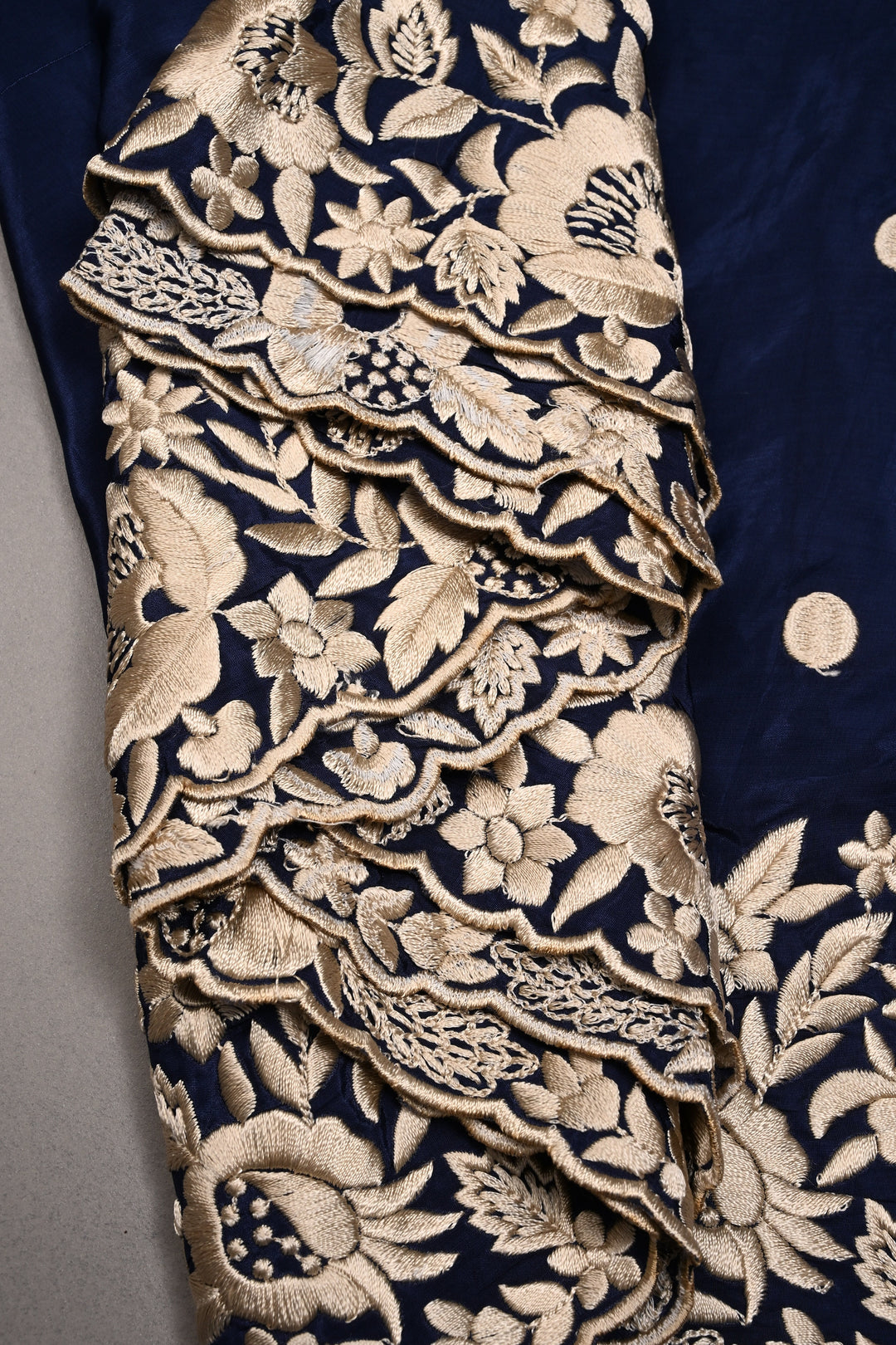 Navy Blue Machine Embroidered in Chinnon Saree with Floral Scallop Border | SHOBITAM