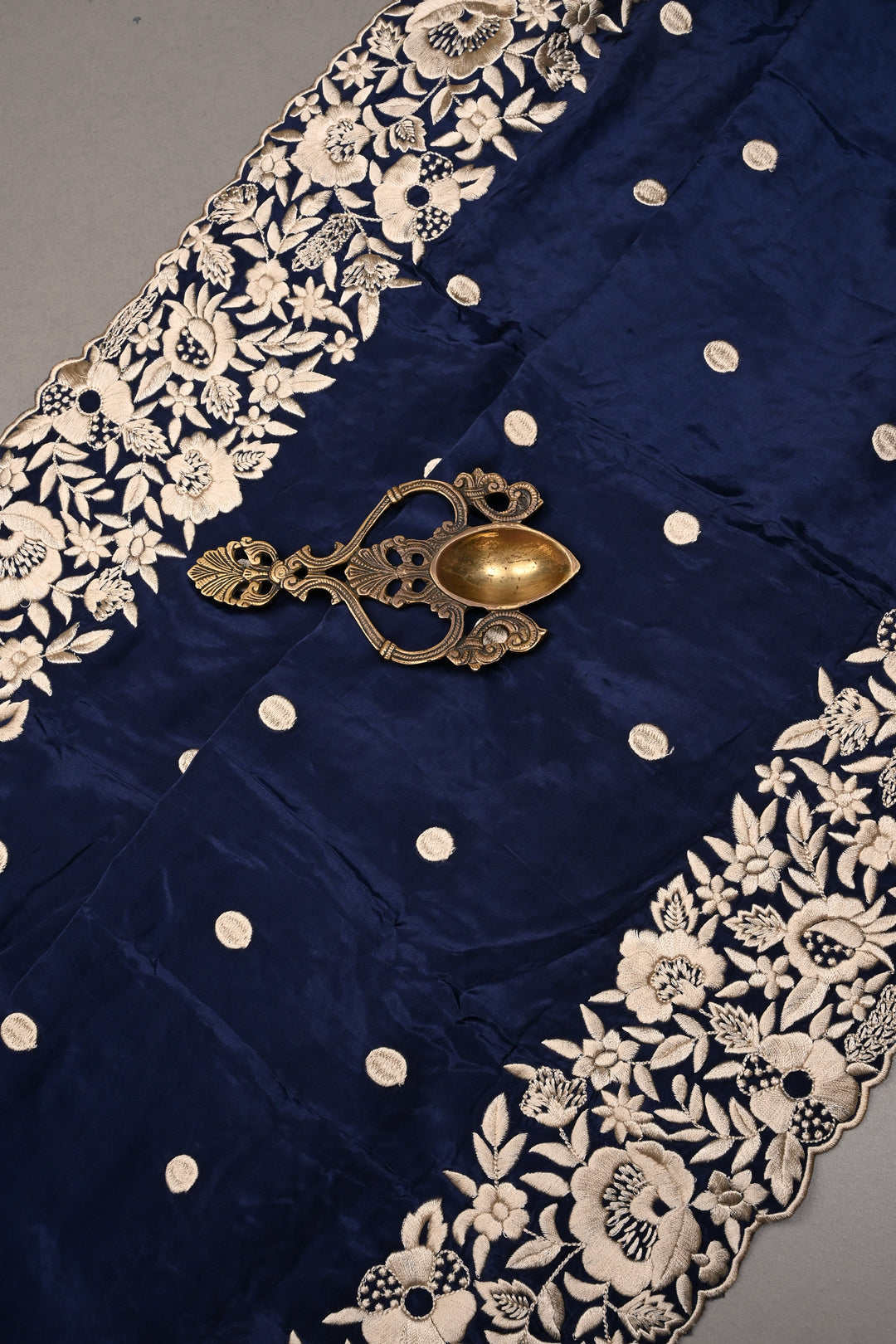Navy Blue Machine Embroidered in Chinnon Saree with Floral Scallop Border | SHOBITAM