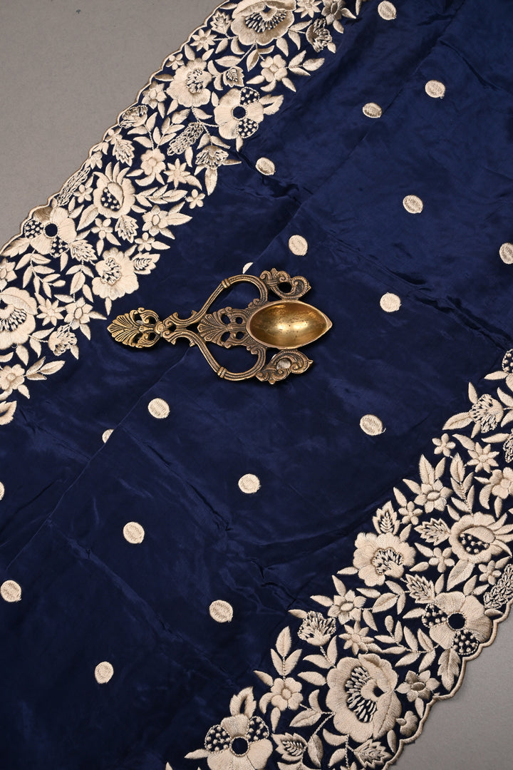 Navy Blue Machine Embroidered in Chinnon Saree with Floral Scallop Border | SHOBITAM
