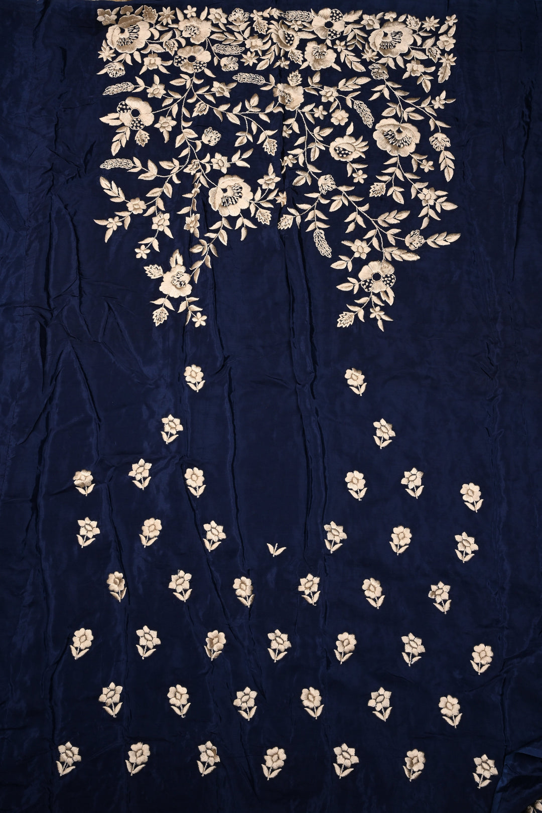 Navy Blue Machine Embroidered in Chinnon Saree with Floral Scallop Border | SHOBITAM