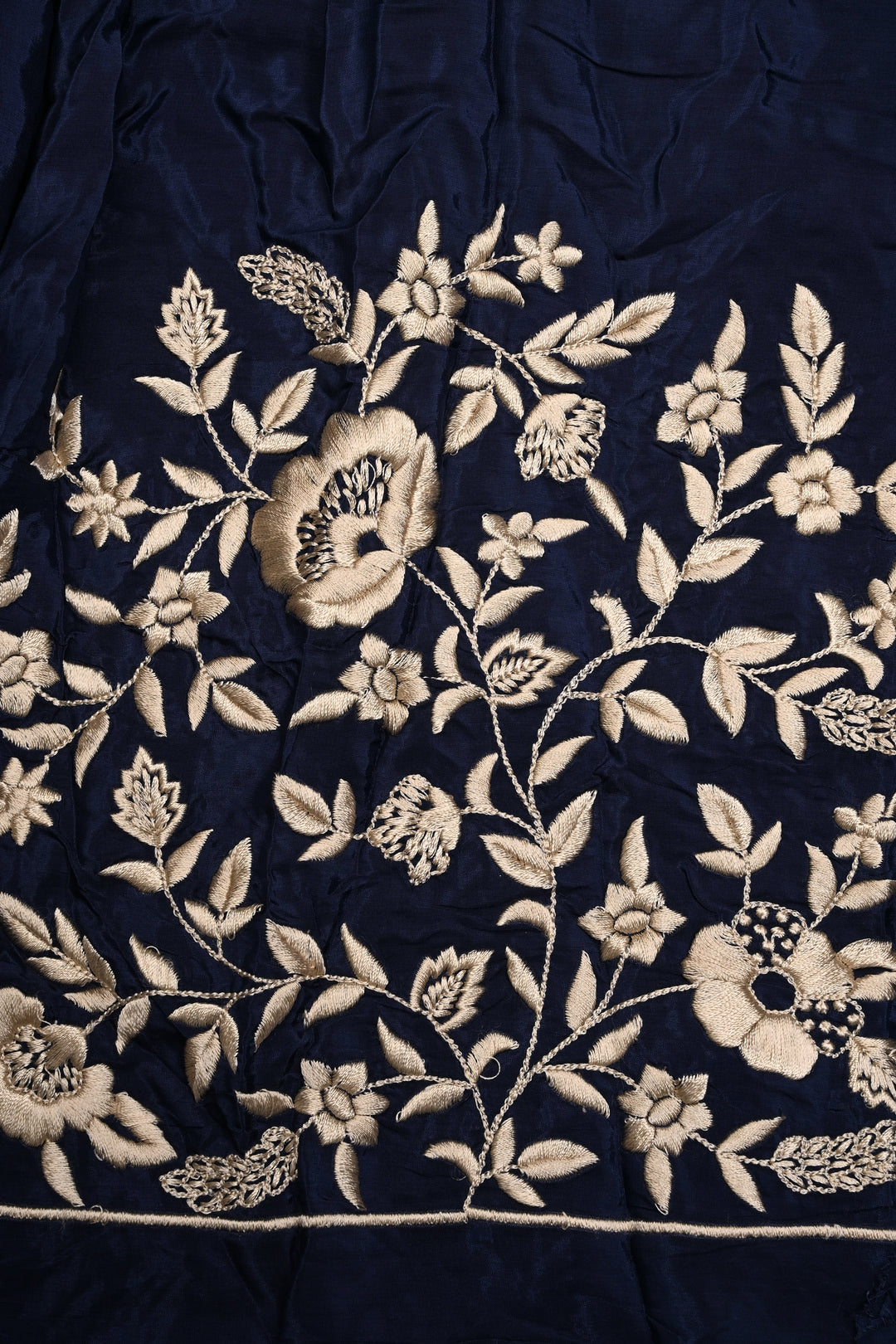 Navy Blue Machine Embroidered in Chinnon Saree with Floral Scallop Border | SHOBITAM