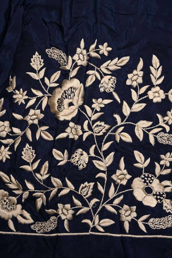 Navy Blue Machine Embroidered in Chinnon Saree with Floral Scallop Border | SHOBITAM
