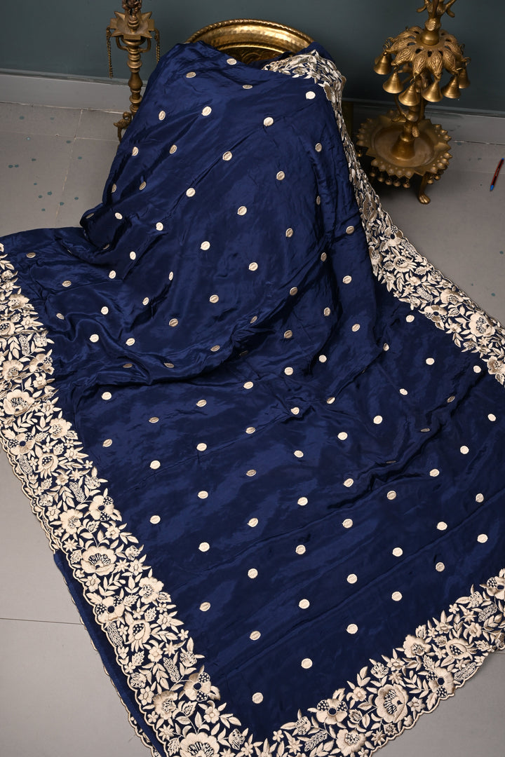 Navy Blue Machine Embroidered in Chinnon Saree with Floral Scallop Border | SHOBITAM
