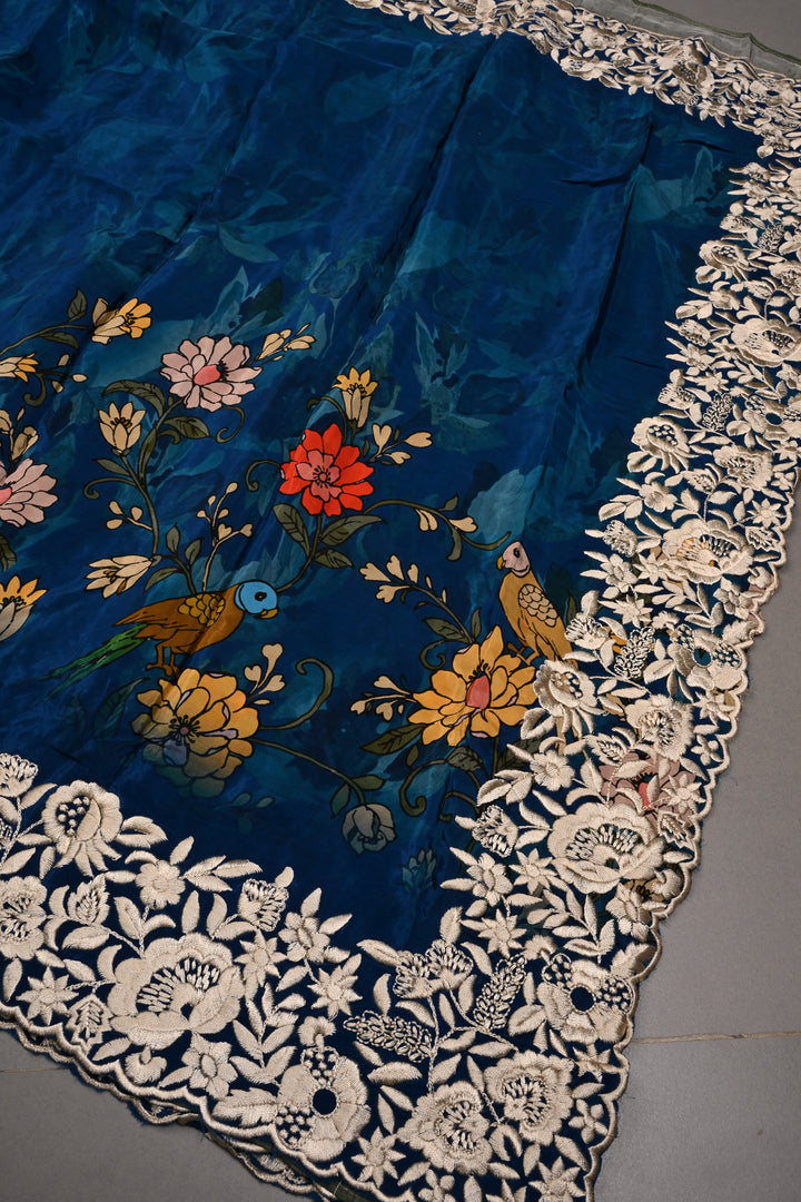 Blue Chinnon Saree with Digital Print and Machine Embroidered Scallop Border | SHOBITAM