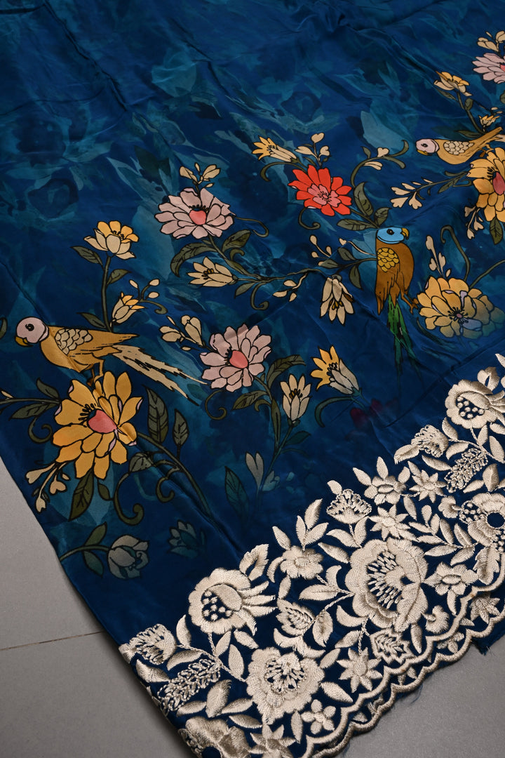 Blue Chinnon Saree with Digital Print and Machine Embroidered Scallop Border | SHOBITAM
