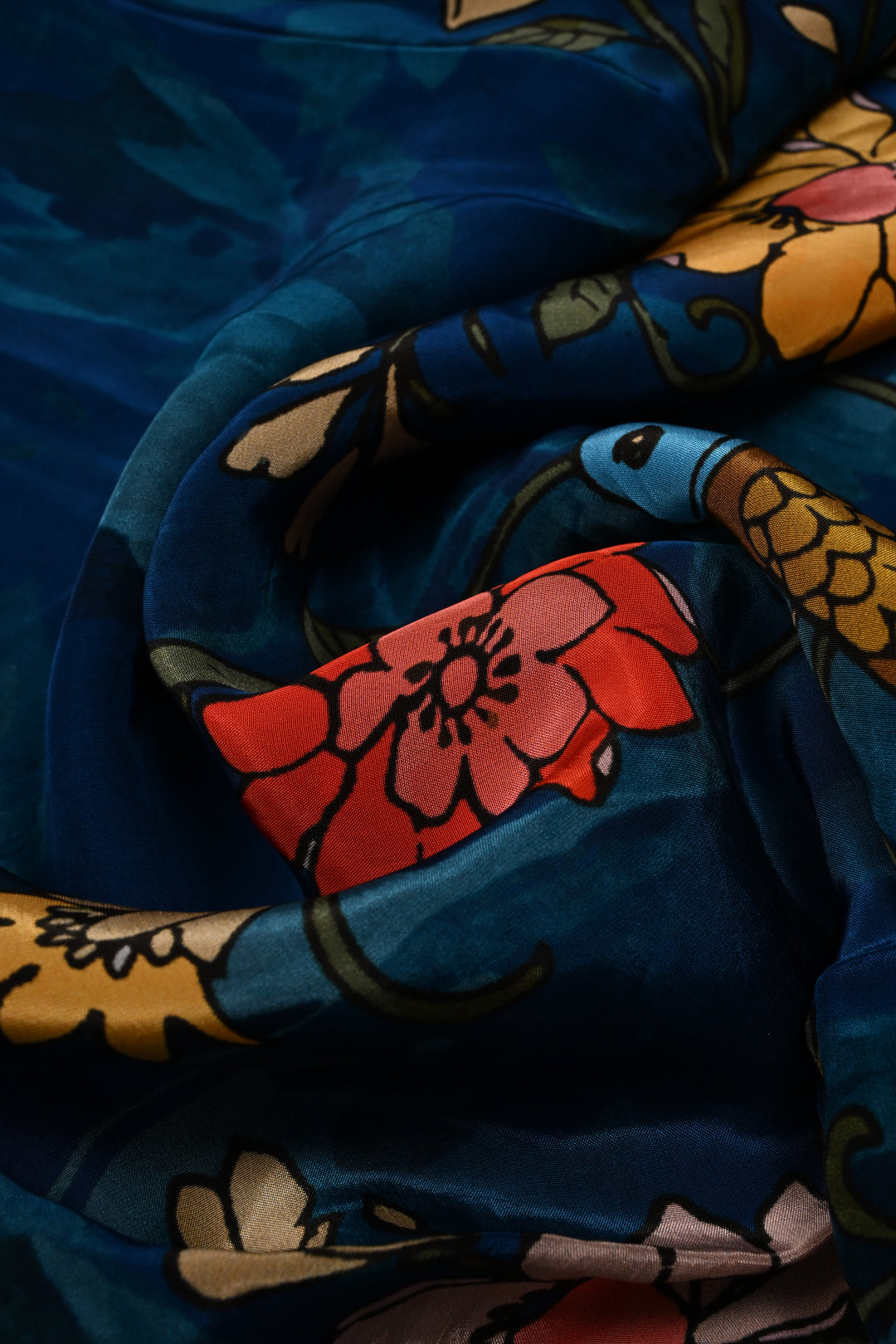 Blue Chinnon Saree with Digital Print and Machine Embroidered Scallop Border | SHOBITAM