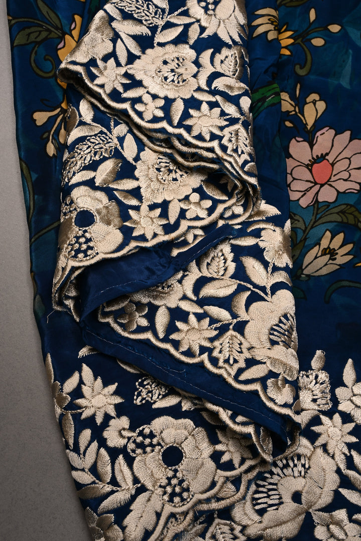 Blue Chinnon Saree with Digital Print and Machine Embroidered Scallop Border | SHOBITAM