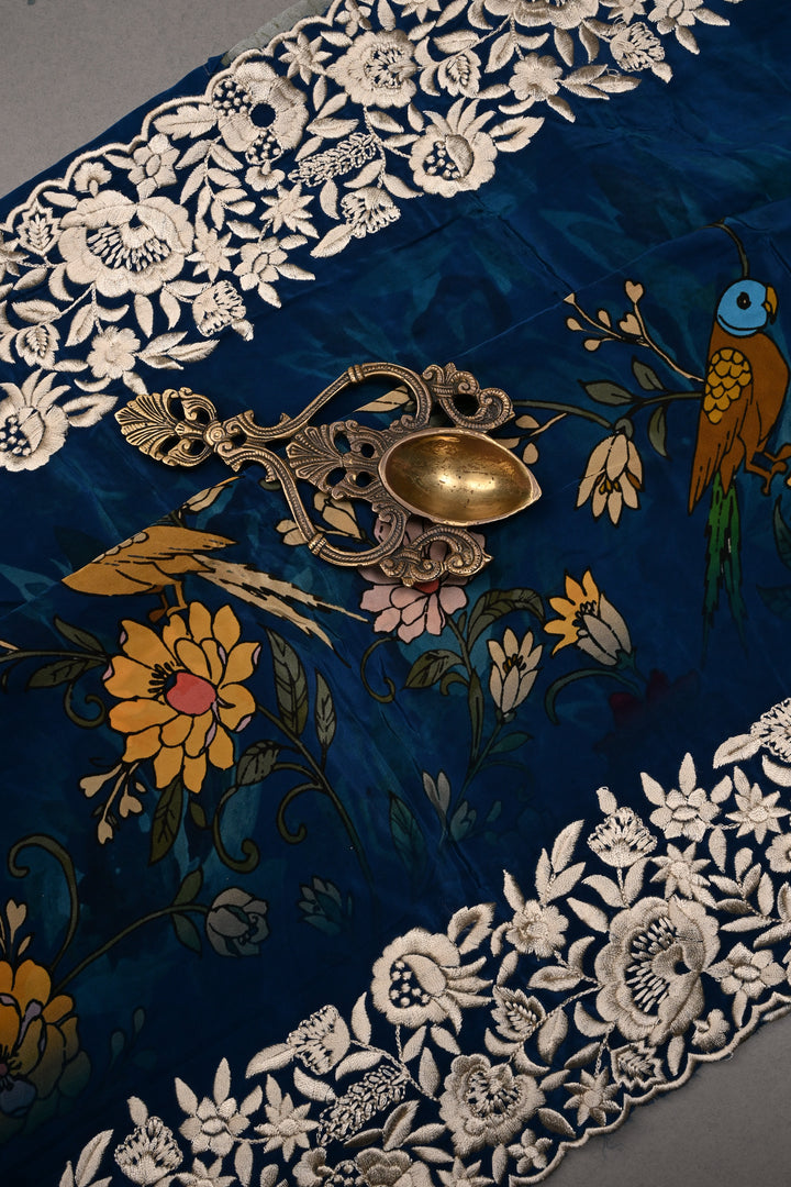 Blue Chinnon Saree with Digital Print and Machine Embroidered Scallop Border | SHOBITAM
