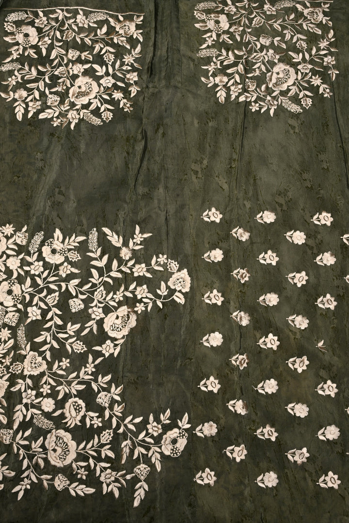 Blue Chinnon Saree with Digital Print and Machine Embroidered Scallop Border | SHOBITAM