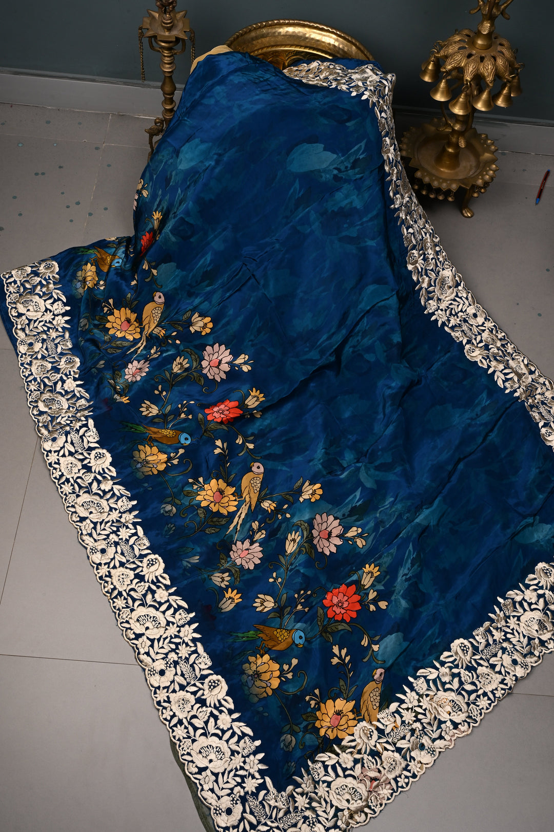 Blue Chinnon Saree with Digital Print and Machine Embroidered Scallop Border | SHOBITAM