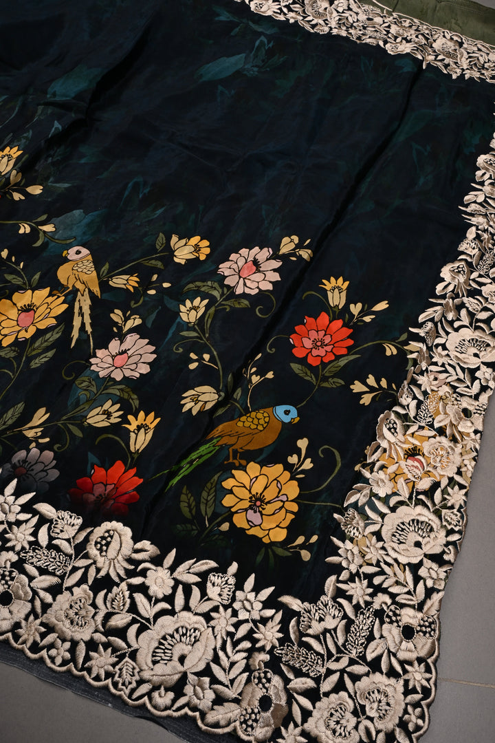 Dark Blue-Green Dual Tone Chinnon Saree with Digital Print and Machine Embroidered Scallop Border | SHOBITAM