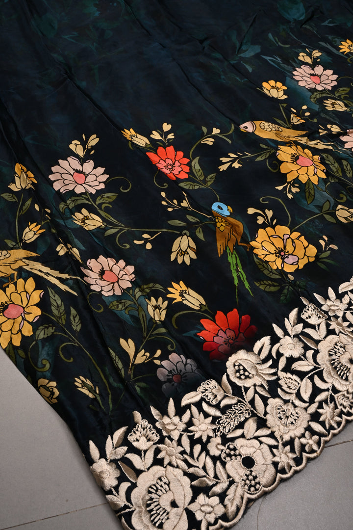 Dark Blue-Green Dual Tone Chinnon Saree with Digital Print and Machine Embroidered Scallop Border | SHOBITAM