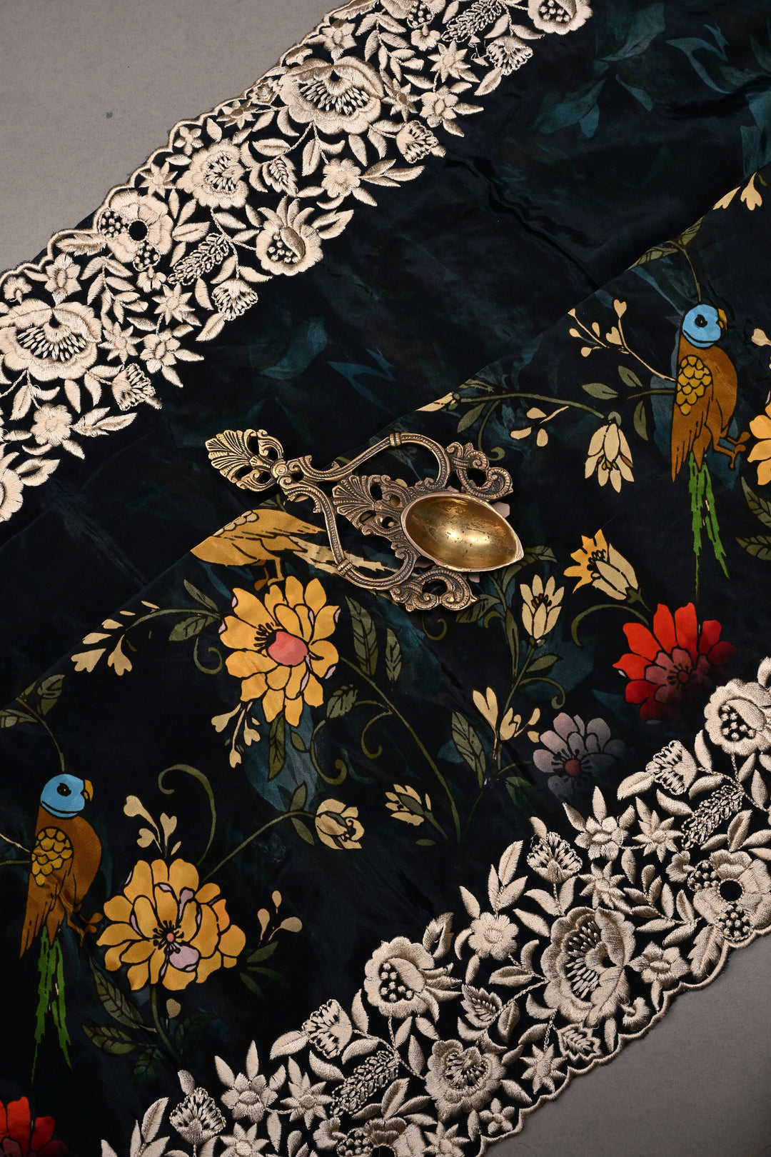 Dark Blue-Green Dual Tone Chinnon Saree with Digital Print and Machine Embroidered Scallop Border | SHOBITAM