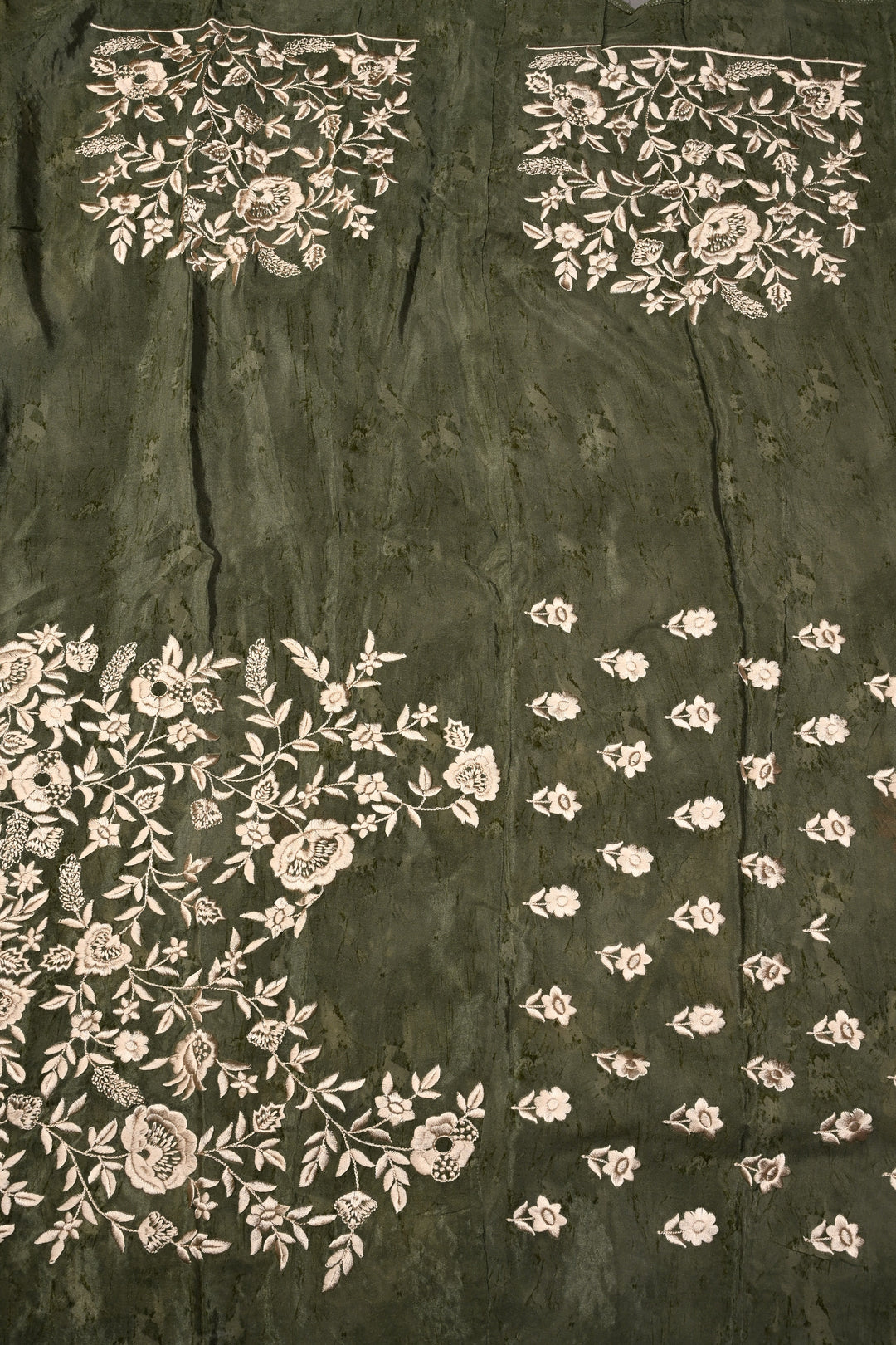 Dark Blue-Green Dual Tone Chinnon Saree with Digital Print and Machine Embroidered Scallop Border | SHOBITAM