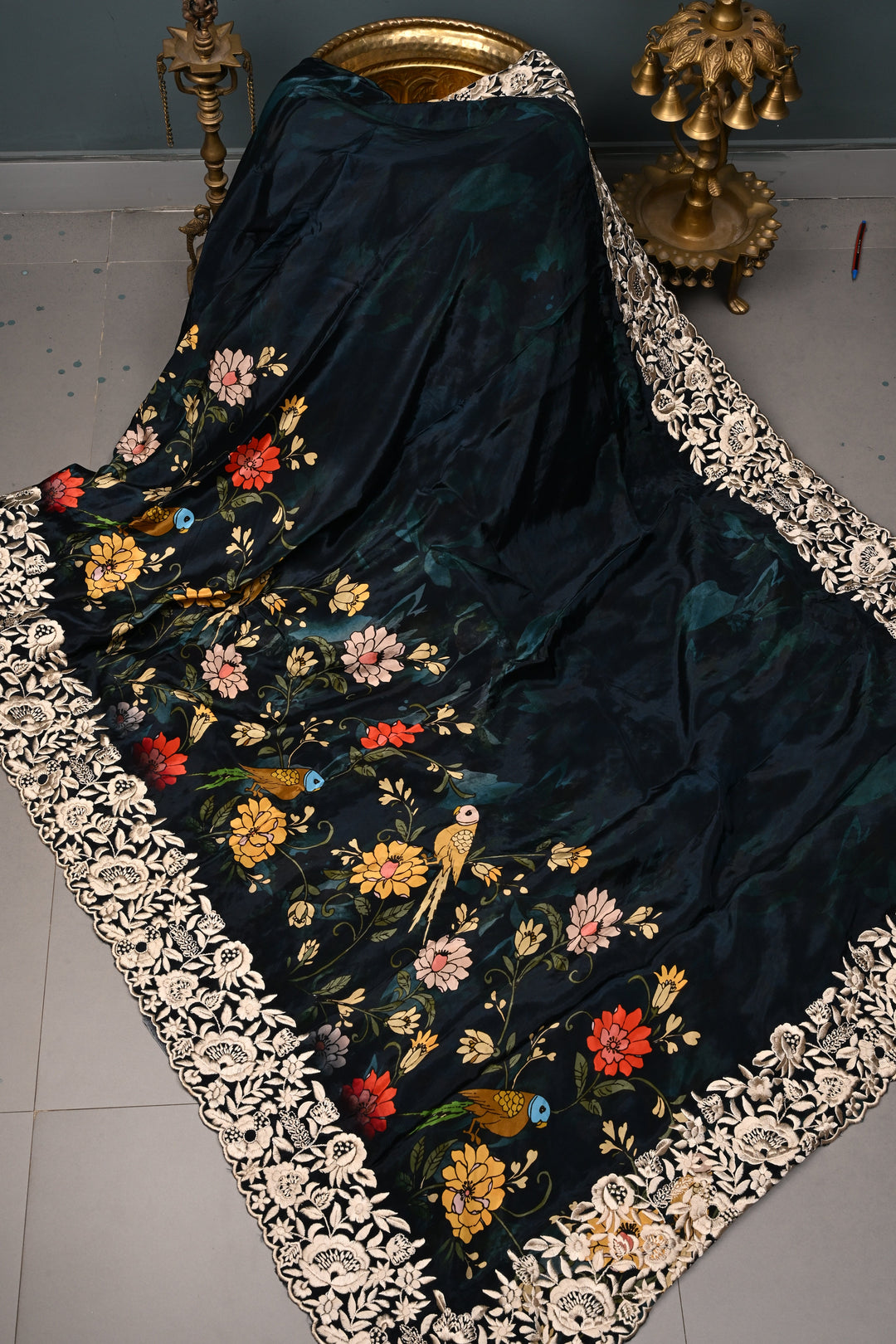 Dark Blue-Green Dual Tone Chinnon Saree with Digital Print and Machine Embroidered Scallop Border | SHOBITAM