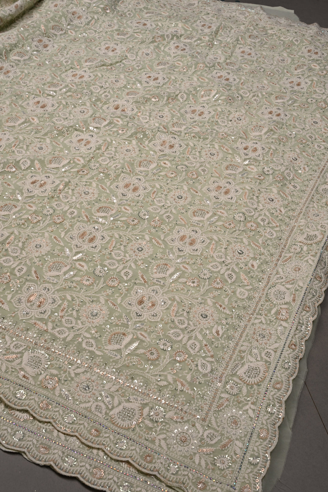 Pastel Green Machine Emboidery with all over Sequins work on  Georgette Saree | SHOBITAM