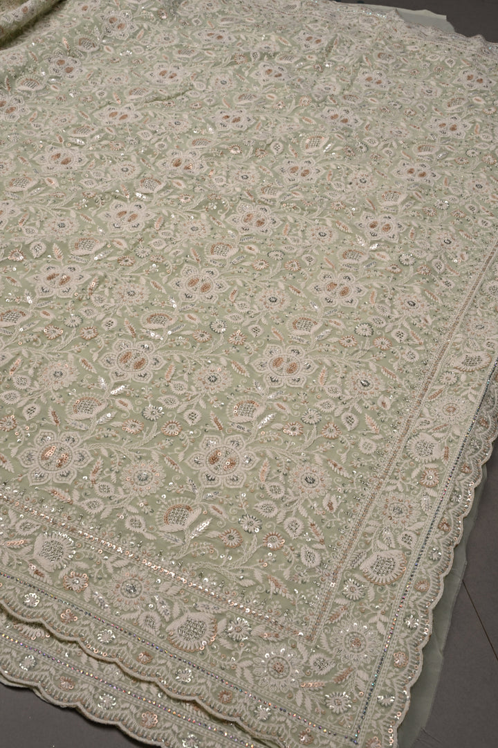 Pastel Green Machine Emboidery with all over Sequins work on  Georgette Saree | SHOBITAM