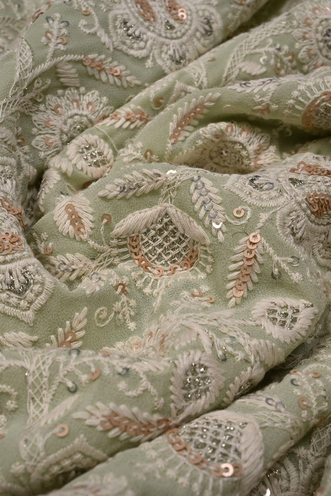 Pastel Green Machine Emboidery with all over Sequins work on  Georgette Saree | SHOBITAM