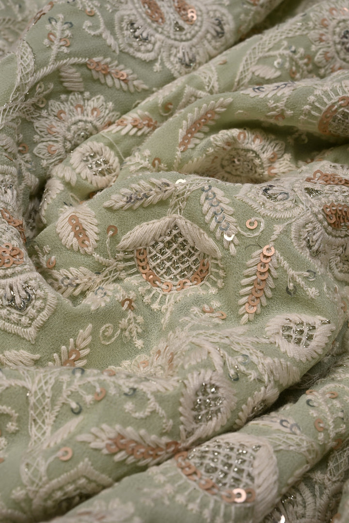 Pastel Green Machine Emboidery with all over Sequins work on  Georgette Saree | SHOBITAM