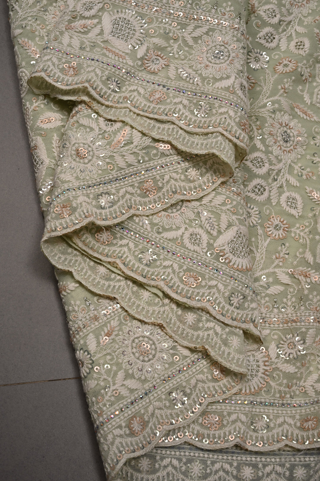 Pastel Green Machine Emboidery with all over Sequins work on  Georgette Saree | SHOBITAM