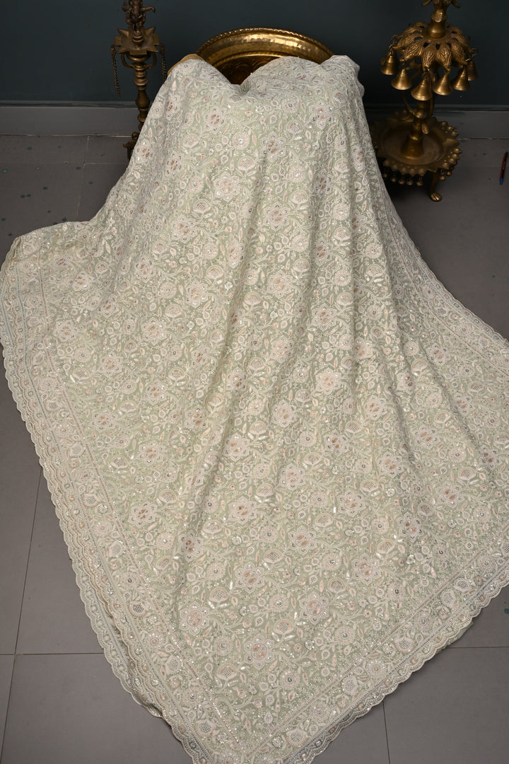 Pastel Green Machine Emboidery with all over Sequins work on  Georgette Saree | SHOBITAM