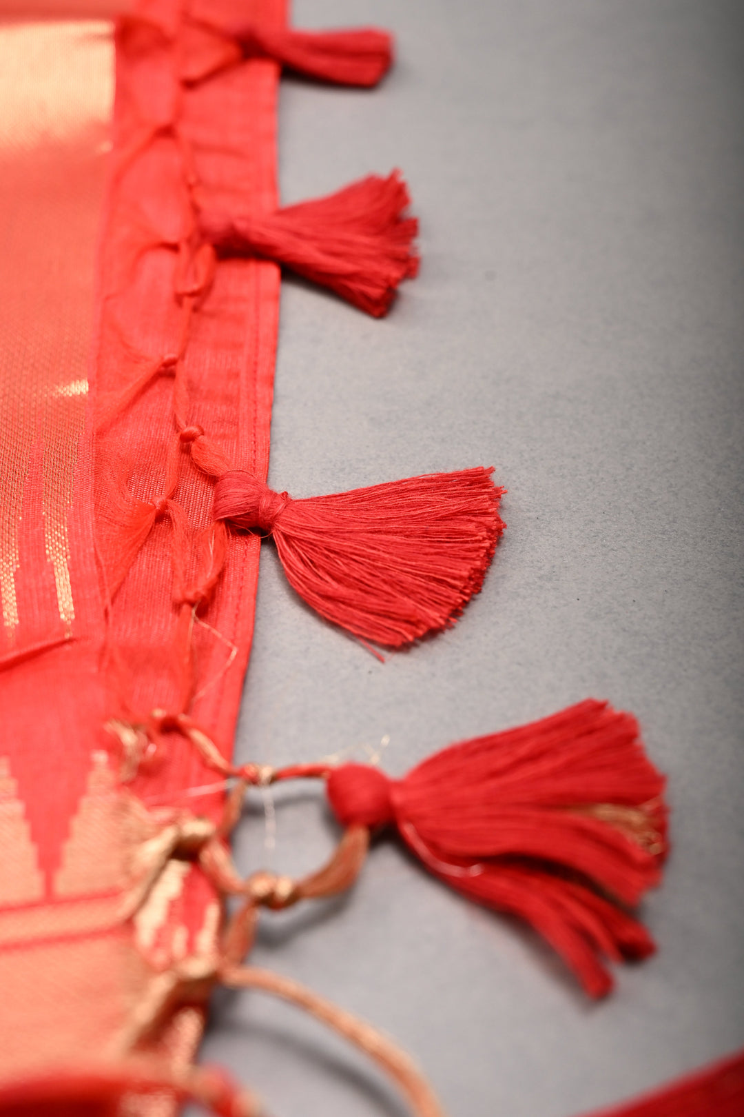 Reddish-Orange Sona Rupa Zari Buttas on Mercerized Cotton Saree with Temple Zari Border and Tree Of life Pallu | SHOBITAM