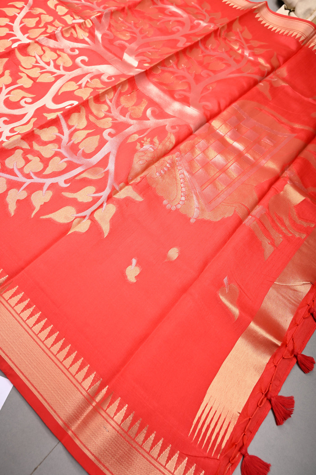 Reddish-Orange Sona Rupa Zari Buttas on Mercerized Cotton Saree with Temple Zari Border and Tree Of life Pallu | SHOBITAM